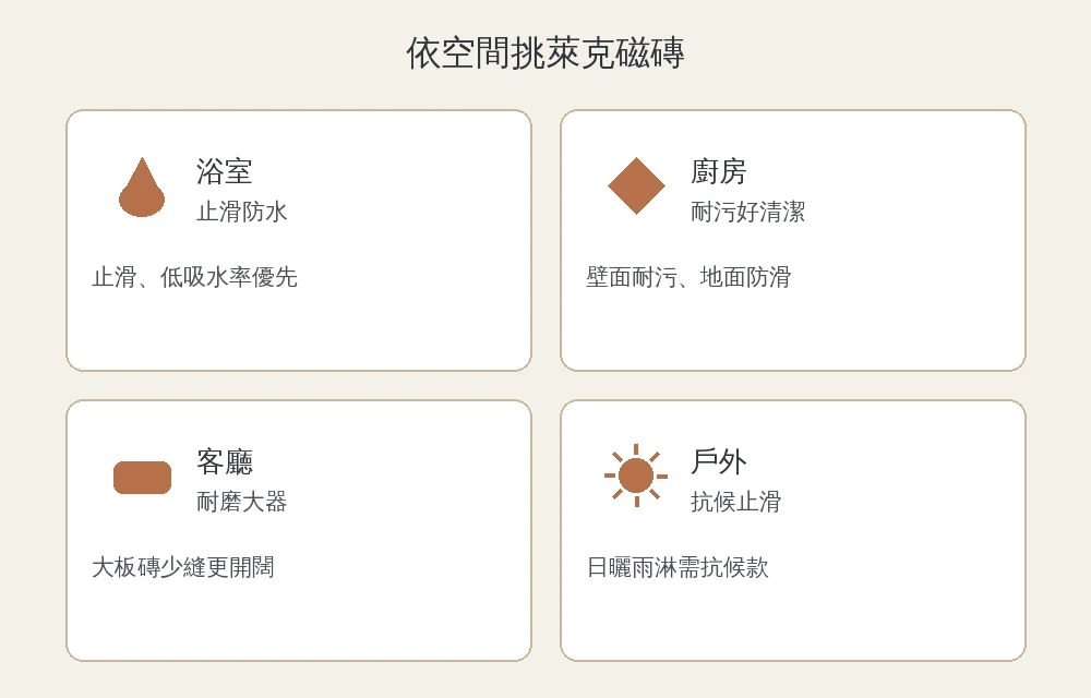 依空間挑萊克磁磚四宮格資訊圖:浴室防滑、廚房耐污、客廳大器、戶外耐候,各配一句選磚重點